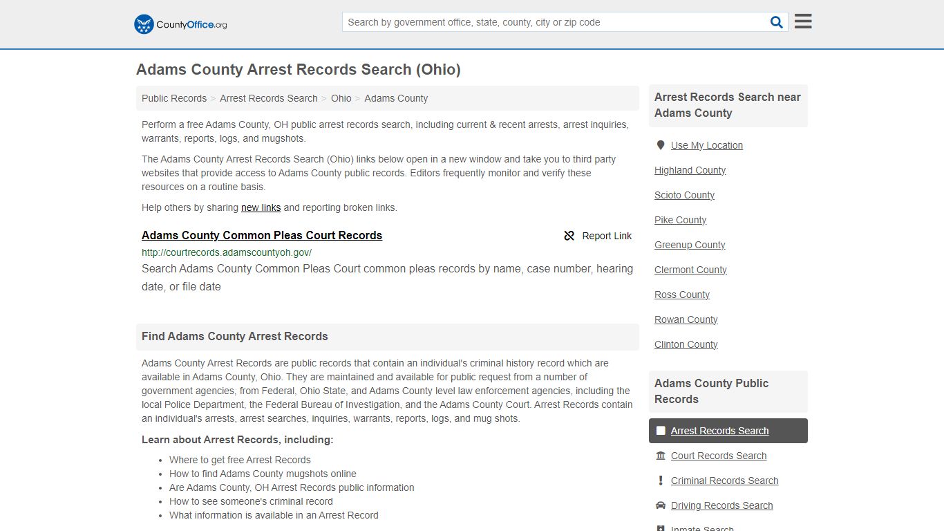 Adams County Arrest Records Search (Ohio) - County Office